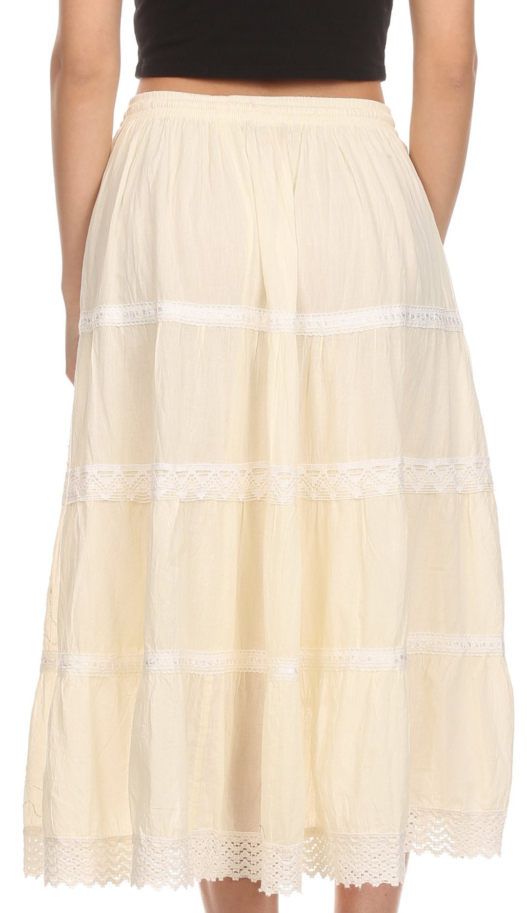 Sakkas Solid Embroidered Crochet Lace Trim Gypsy Bohemian Mid Length Cotton Skirt