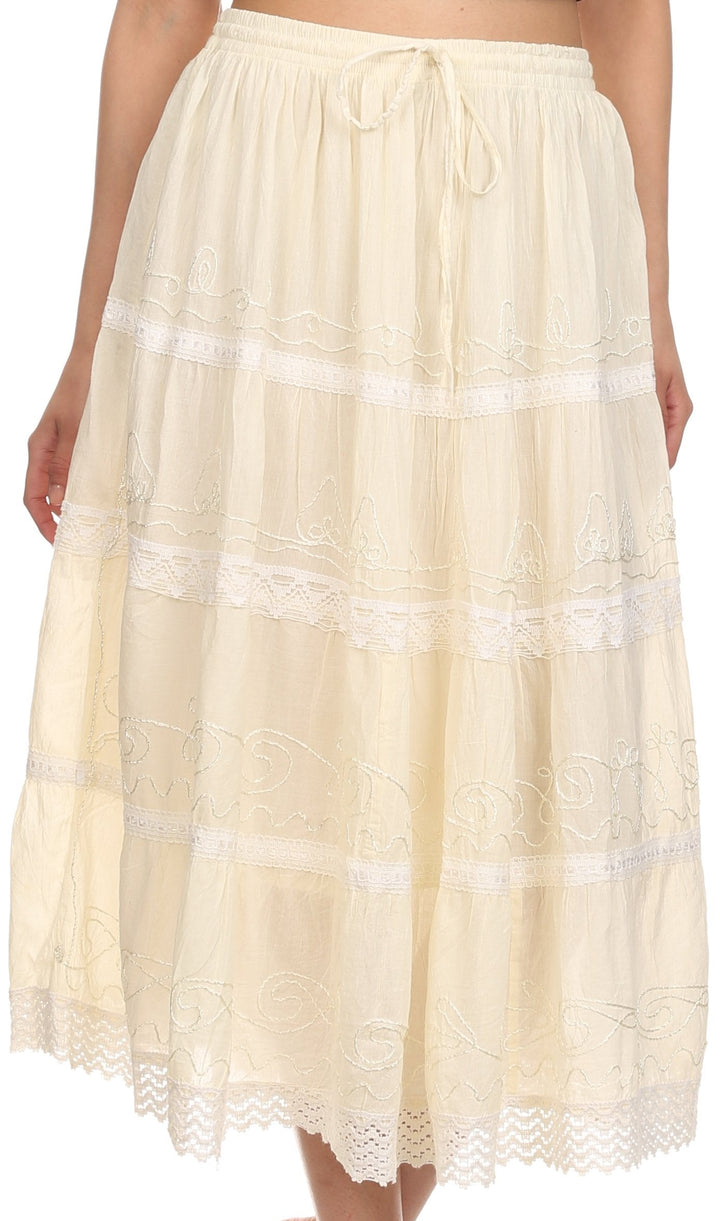 Sakkas Solid Embroidered Crochet Lace Trim Gypsy Bohemian Mid Length Cotton Skirt