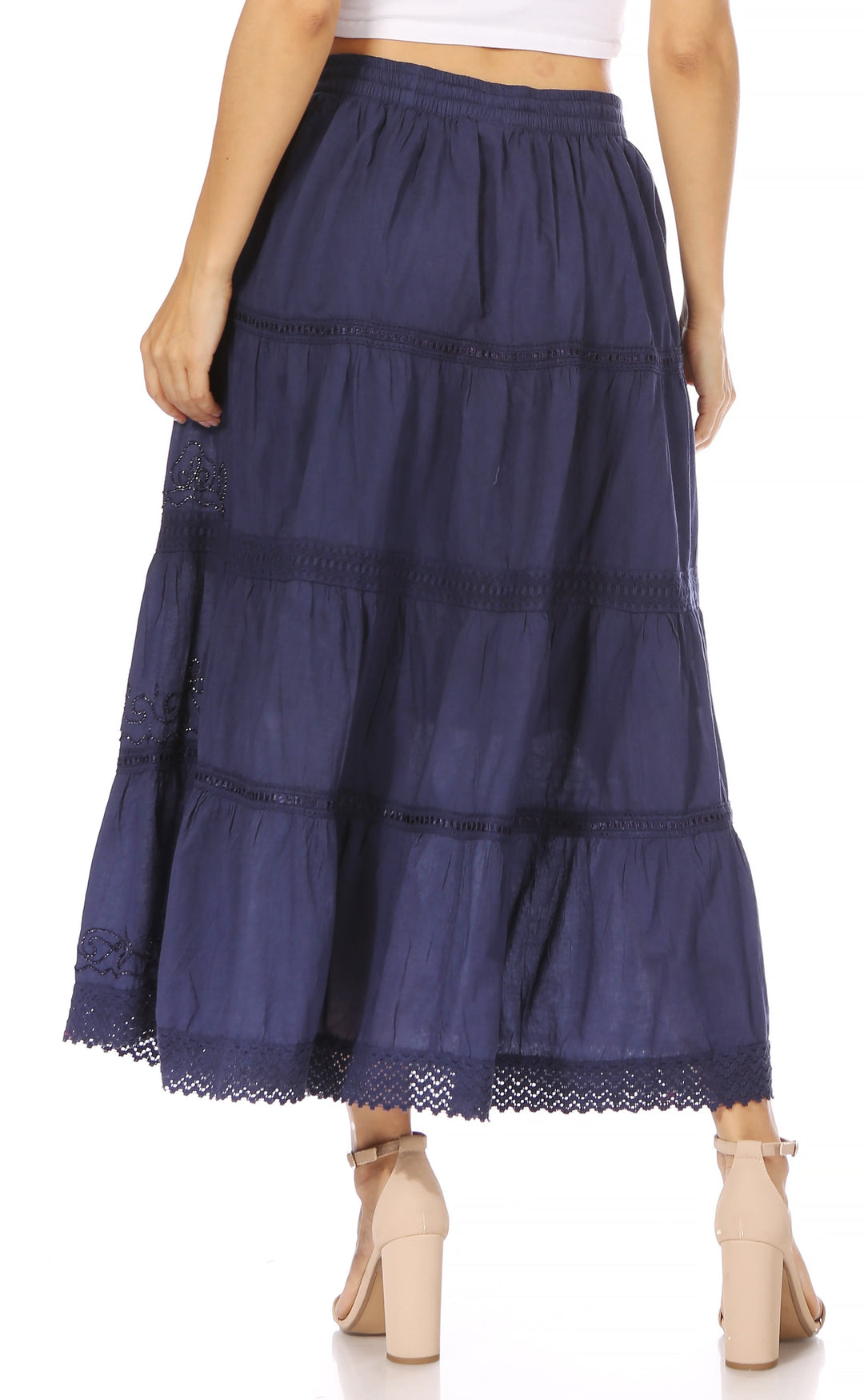 Sakkas Solid Embroidered Crochet Lace Trim Gypsy Bohemian Mid Length Cotton Skirt