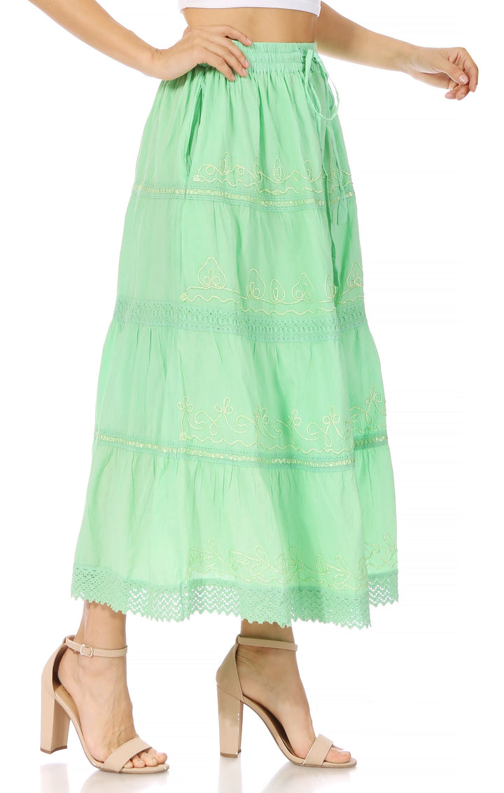 Sakkas Solid Embroidered Crochet Lace Trim Gypsy Bohemian Mid Length Cotton Skirt