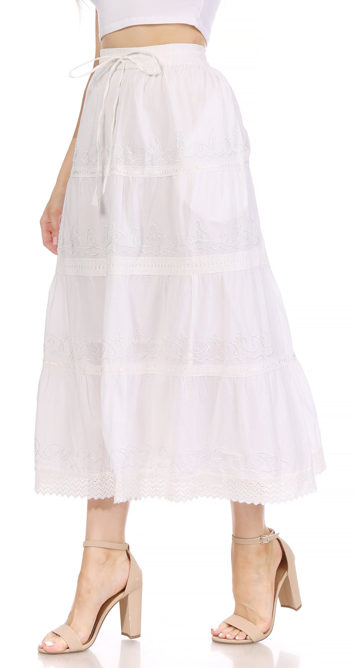 Sakkas Solid Embroidered Crochet Lace Trim Gypsy Bohemian Mid Length Cotton Skirt