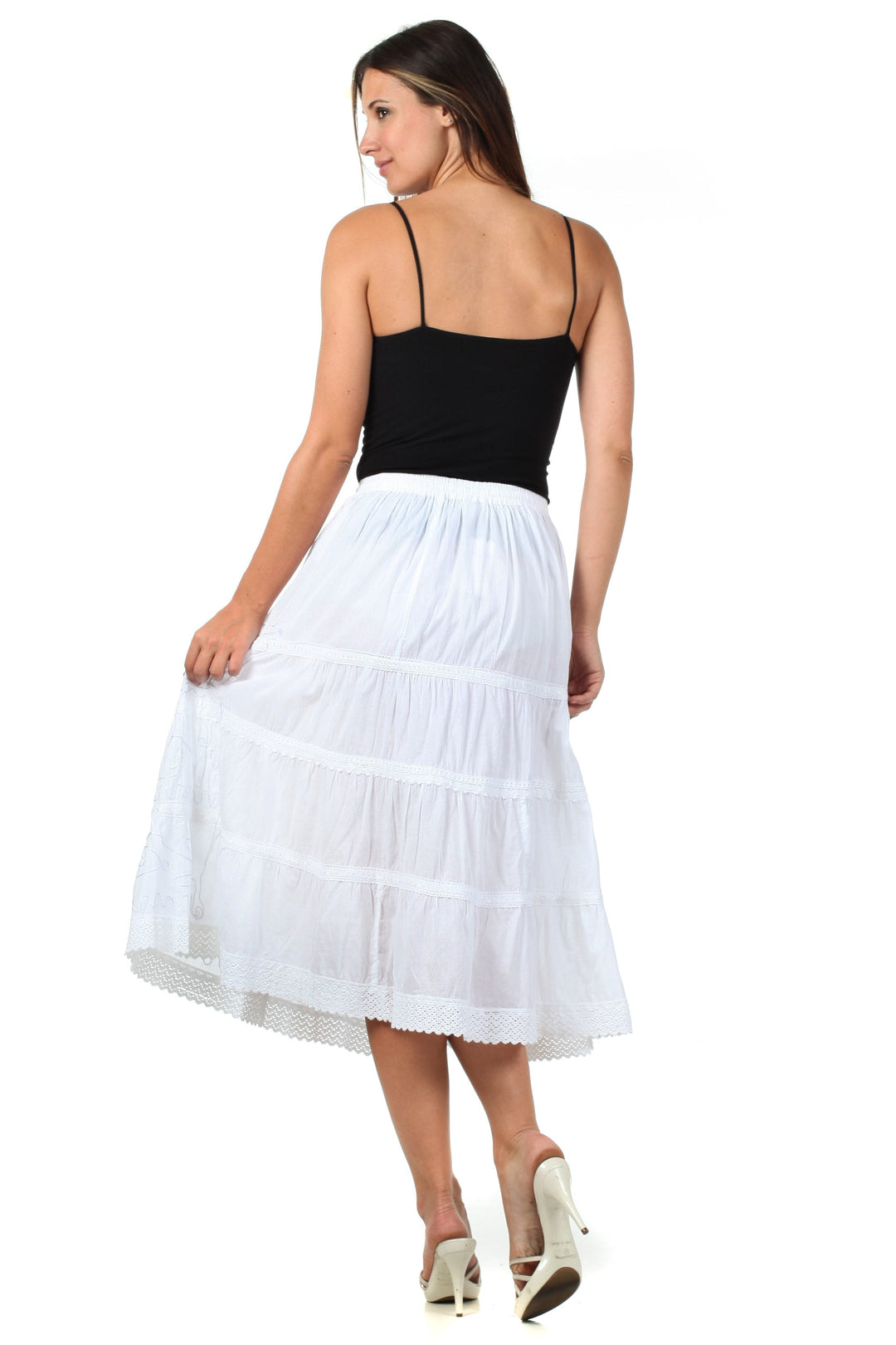 Sakkas Solid Embroidered Crochet Lace Trim Gypsy Bohemian Mid Length Cotton Skirt