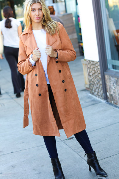 Rust Suede Double Breasted Belted Lined Trench Coat - Sybaritic Bags & Clothing