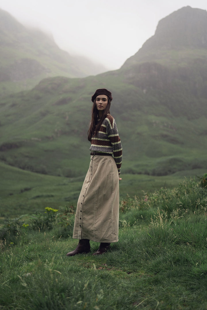 Cable Striped Sweater-Brown/Grey