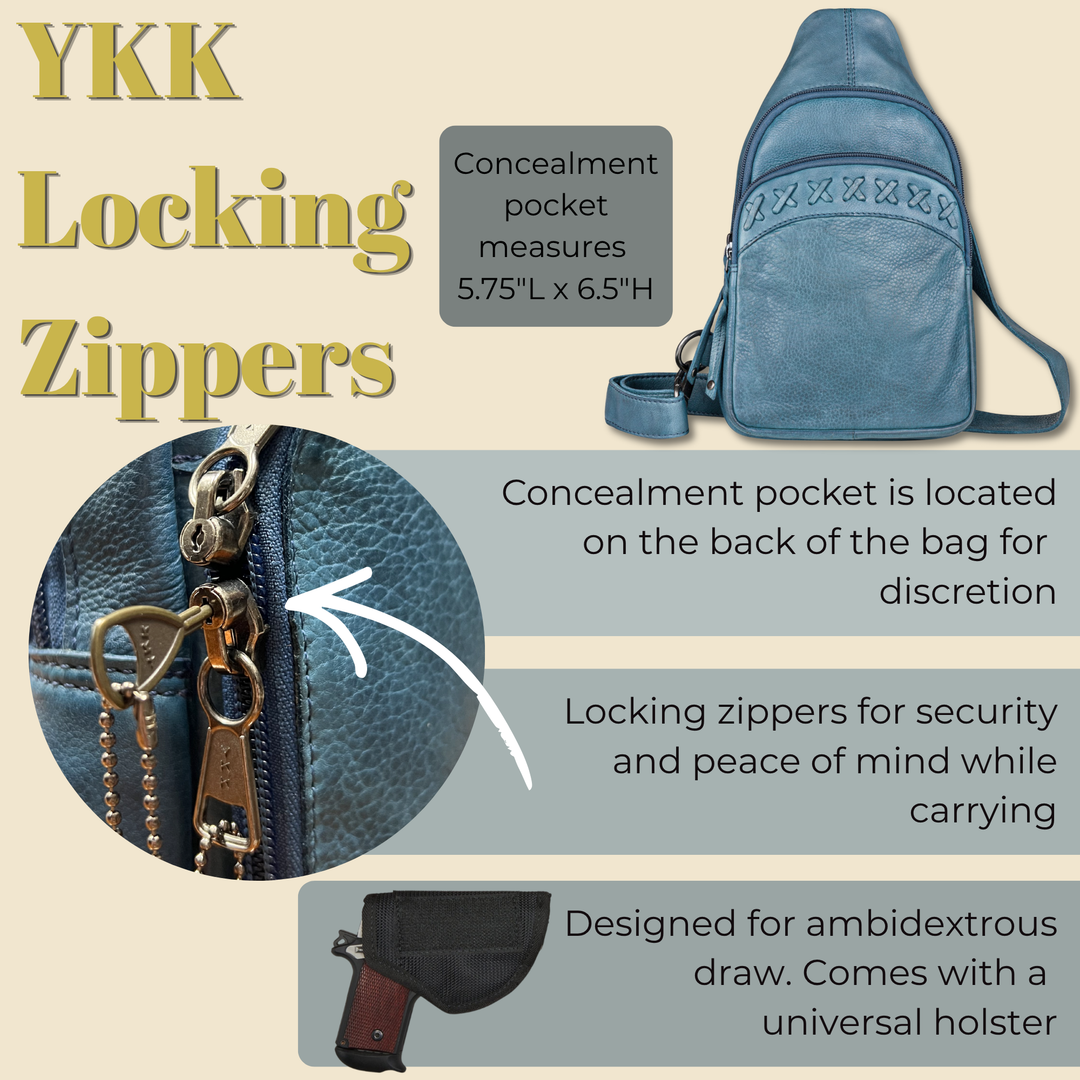 Concealed Carry Unisex Taylor Leather Sling Backpack Sling for Women — Ambidextrous CCW Bag with Universal Holster