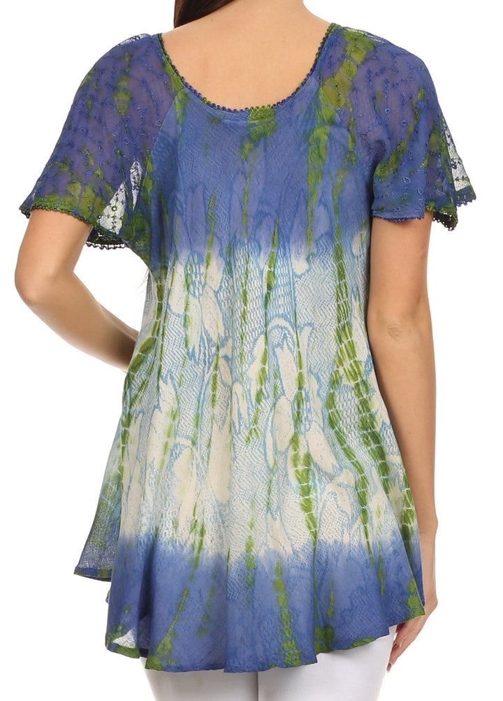 Sakkas Dina Relaxed Fit Sequin Tie Dye Embroidery Cap Sleeves Blouse / Top