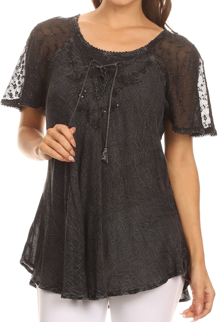 Sakkas Ellie Sequin Embroidered Cap Sleeve Scoop Neck Relaxed Fit Blouse