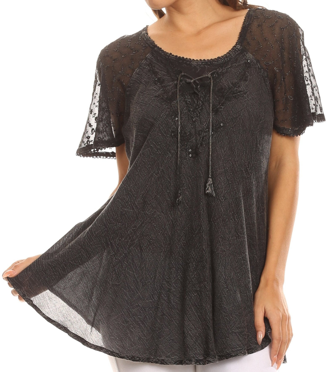 Sakkas Ellie Sequin Embroidered Cap Sleeve Scoop Neck Relaxed Fit Blouse