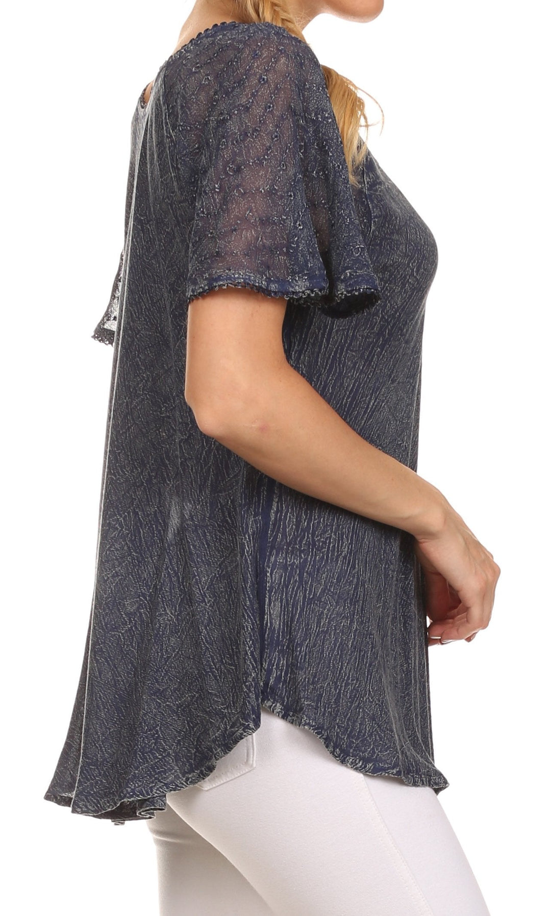 Sakkas Ellie Sequin Embroidered Cap Sleeve Scoop Neck Relaxed Fit Blouse