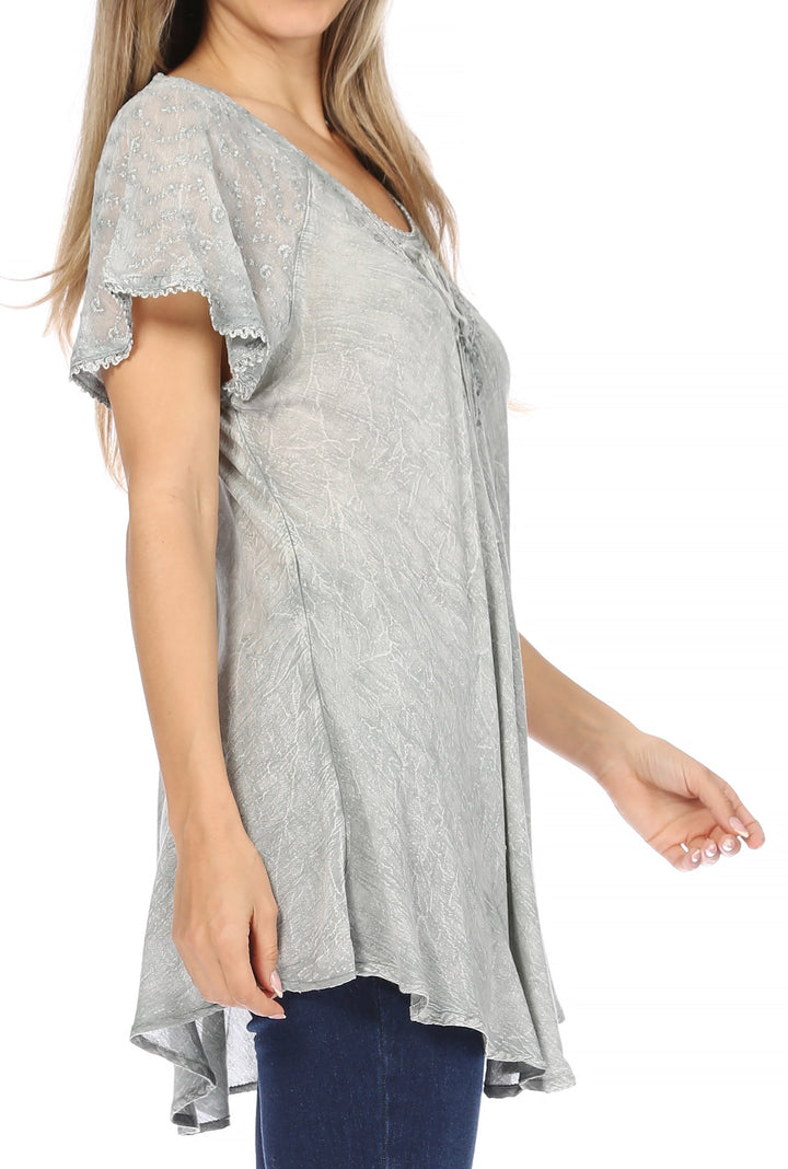 Sakkas Ellie Sequin Embroidered Cap Sleeve Scoop Neck Relaxed Fit Blouse