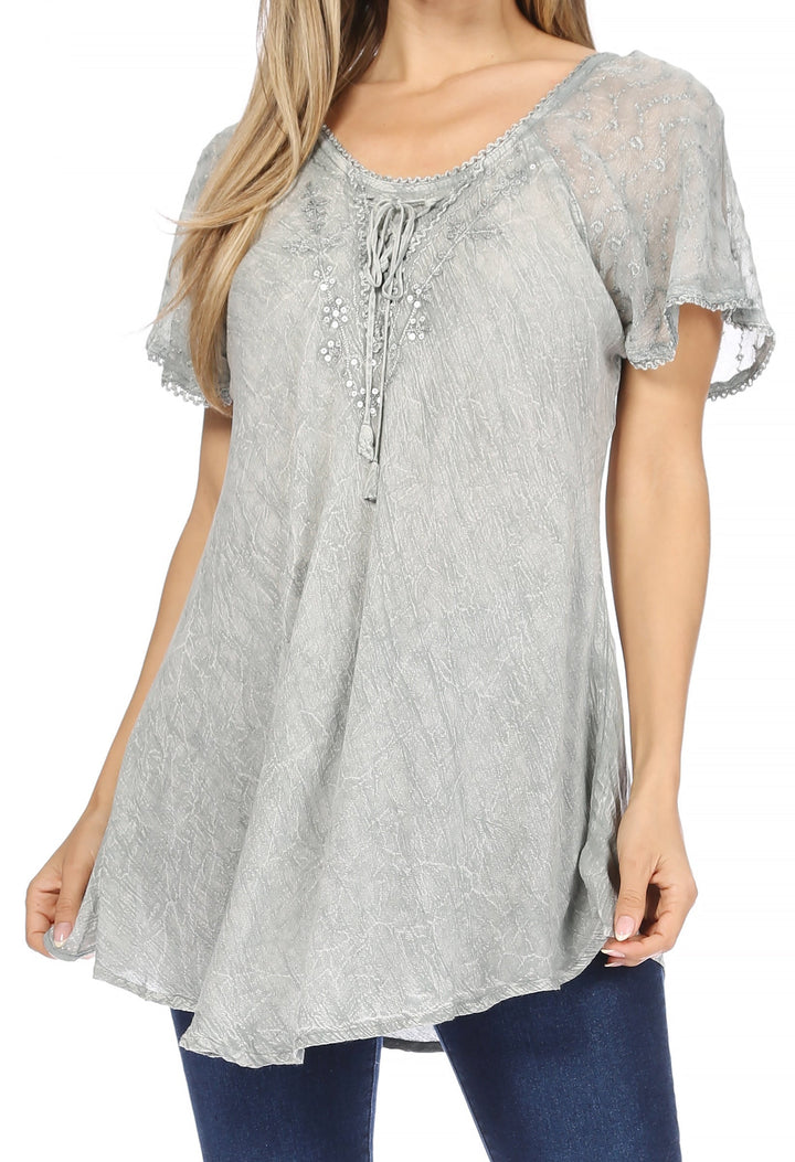 Sakkas Ellie Sequin Embroidered Cap Sleeve Scoop Neck Relaxed Fit Blouse