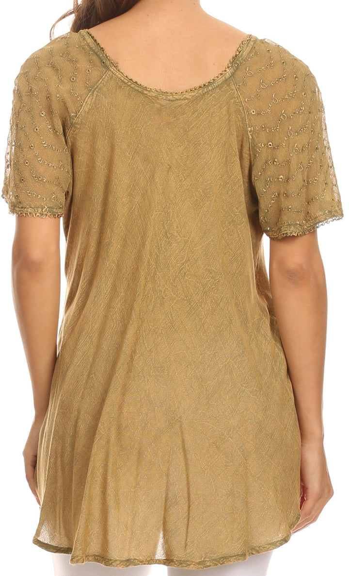 Sakkas Ellie Sequin Embroidered Cap Sleeve Scoop Neck Relaxed Fit Blouse