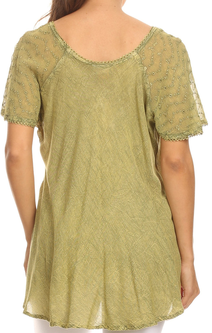 Sakkas Ellie Sequin Embroidered Cap Sleeve Scoop Neck Relaxed Fit Blouse