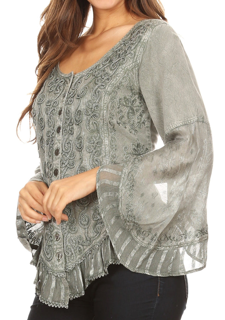 Sakkas Aura Womens Casual Ruffle Flare Crop Top Blouse Long Sleeves w/Embroidery