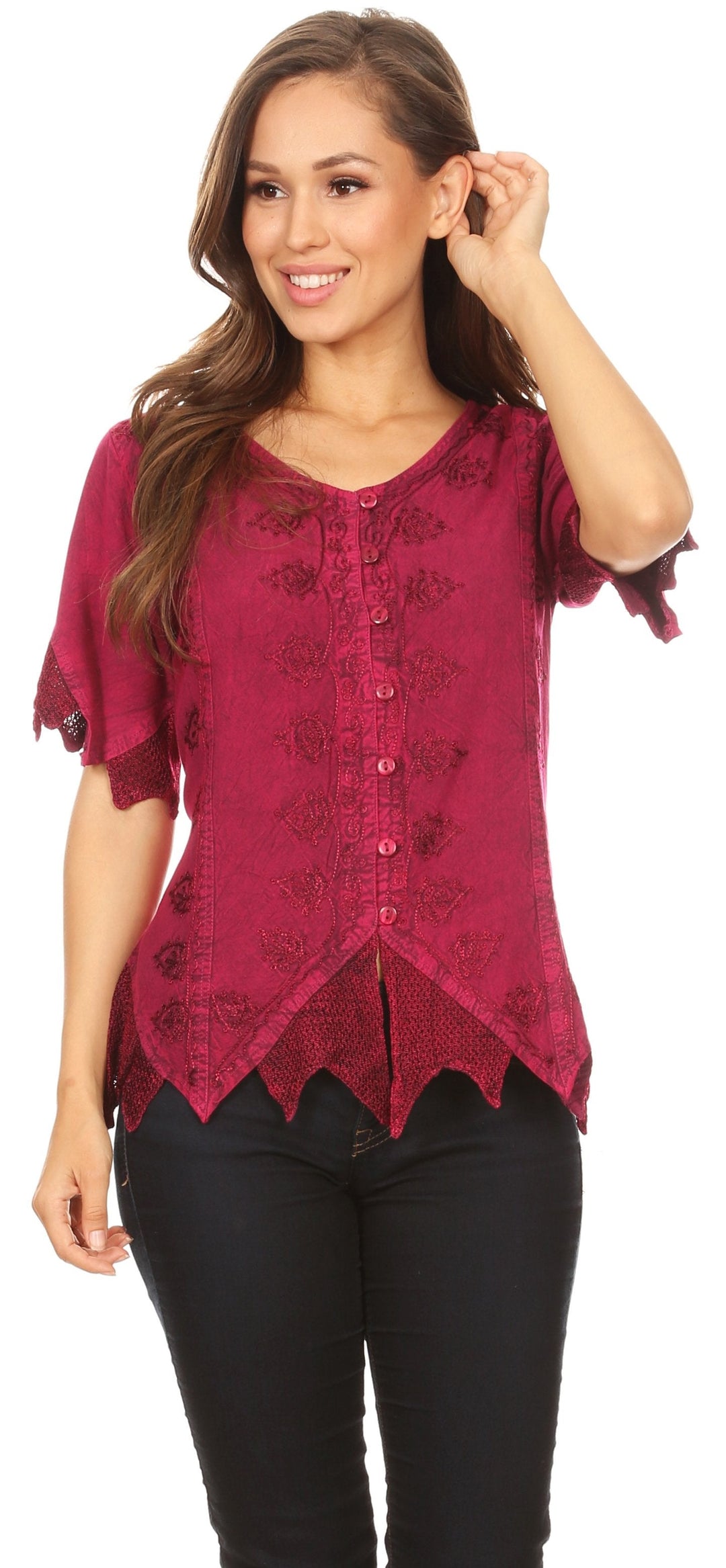 Sakkas Emma Womens Stonewashed V neck Short Sleeve Blouse Top Crochet Button Down