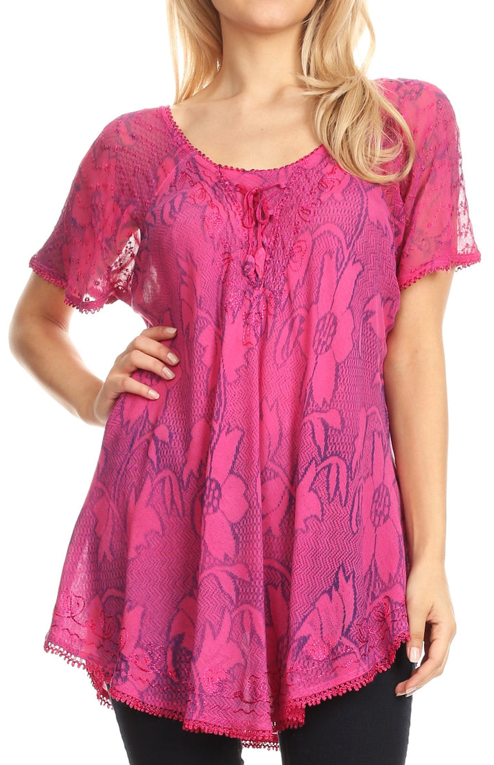 Sakkas Maliky Wide Corset Neck Floral Embroidered Cap Sleeve Blouse Top Shirt