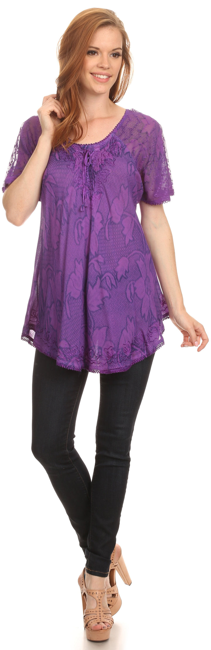 Sakkas Maliky Wide Corset Neck Floral Embroidered Cap Sleeve Blouse Top Shirt