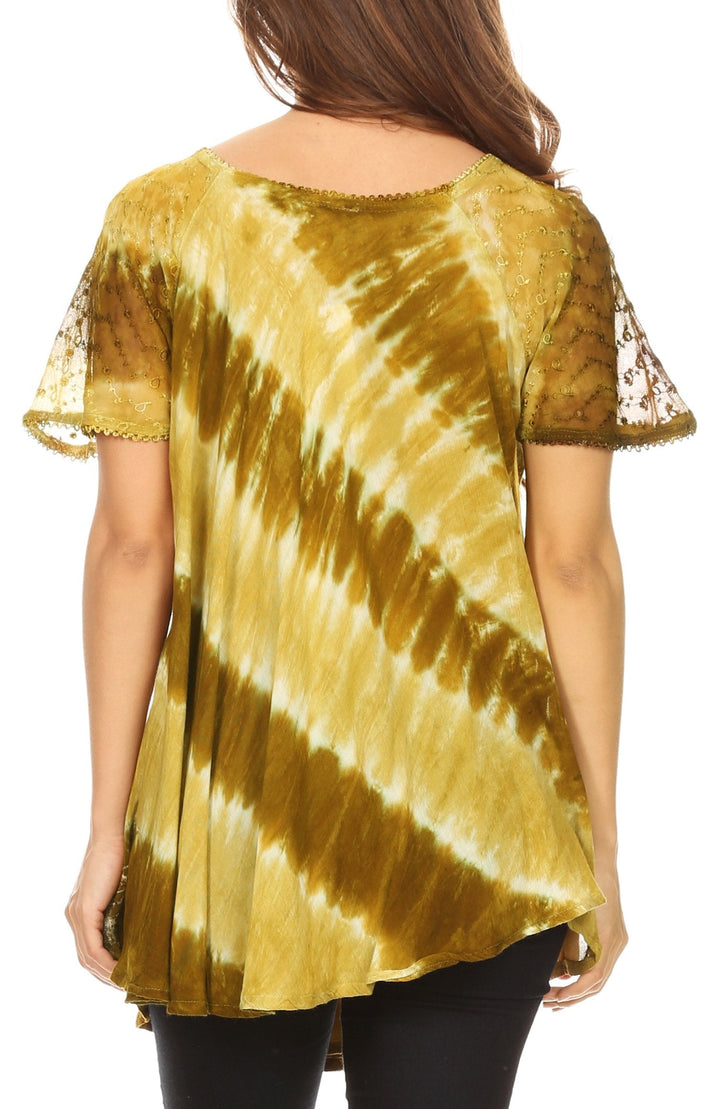 Sakkas Flavia Womens Everyday Blouse Top with Tie-dye &amp; Block Print Light and Soft