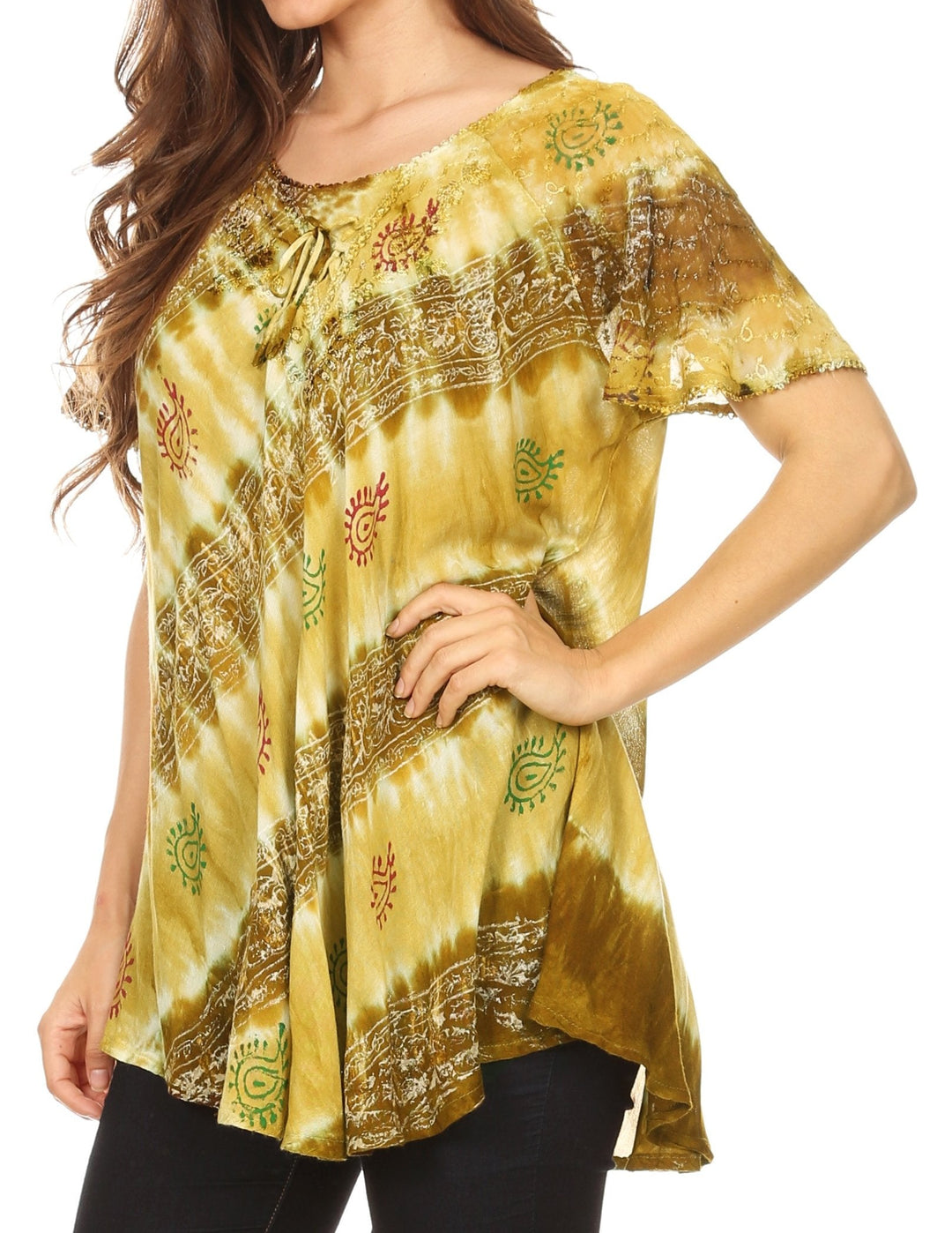 Sakkas Flavia Womens Everyday Blouse Top with Tie-dye &amp; Block Print Light and Soft