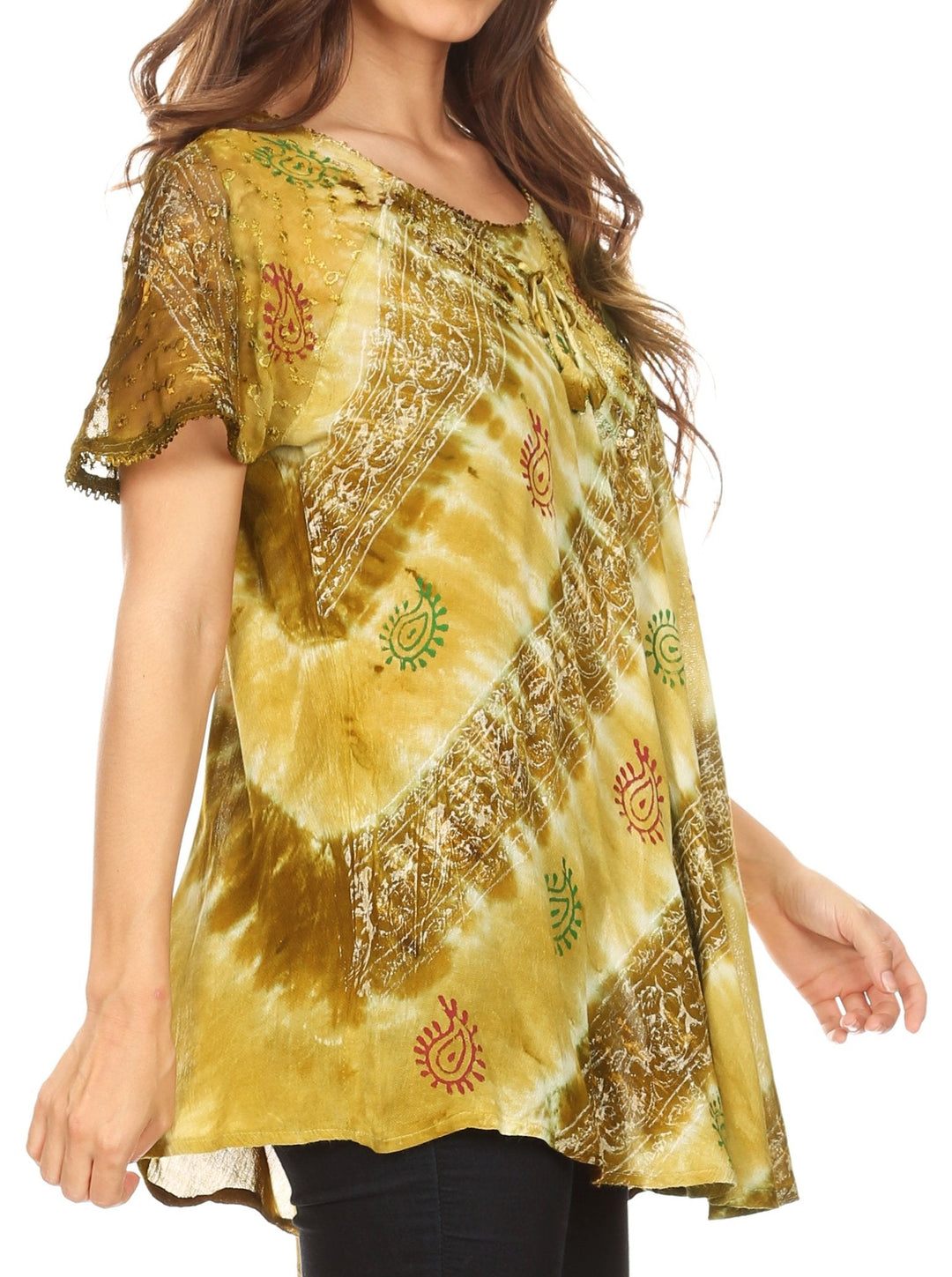 Sakkas Flavia Womens Everyday Blouse Top with Tie-dye &amp; Block Print Light and Soft
