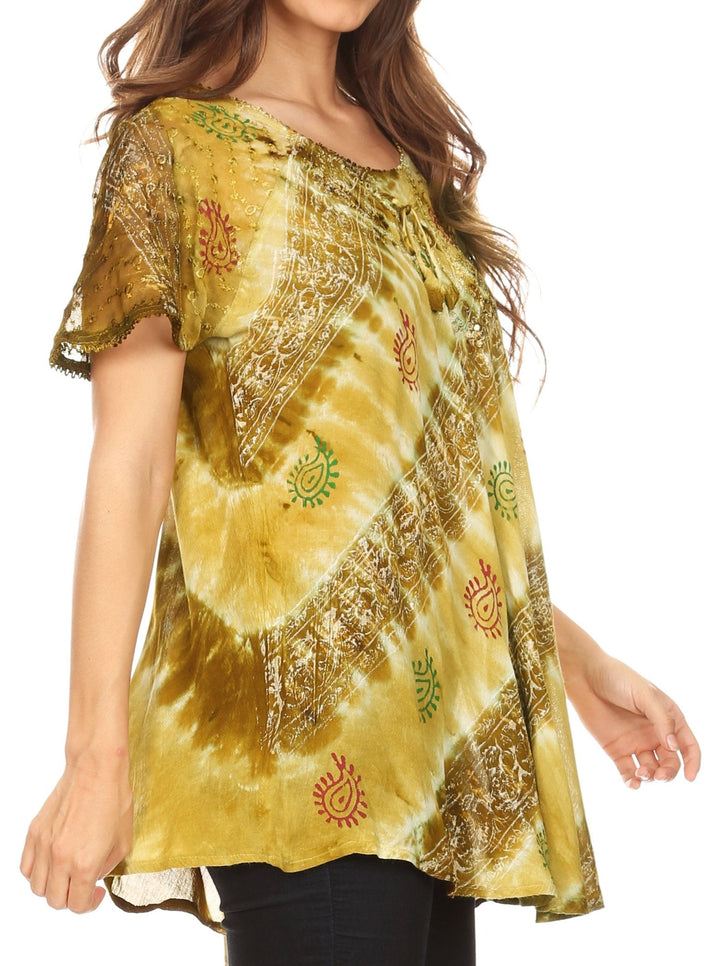 Sakkas Flavia Womens Everyday Blouse Top with Tie-dye &amp; Block Print Light and Soft
