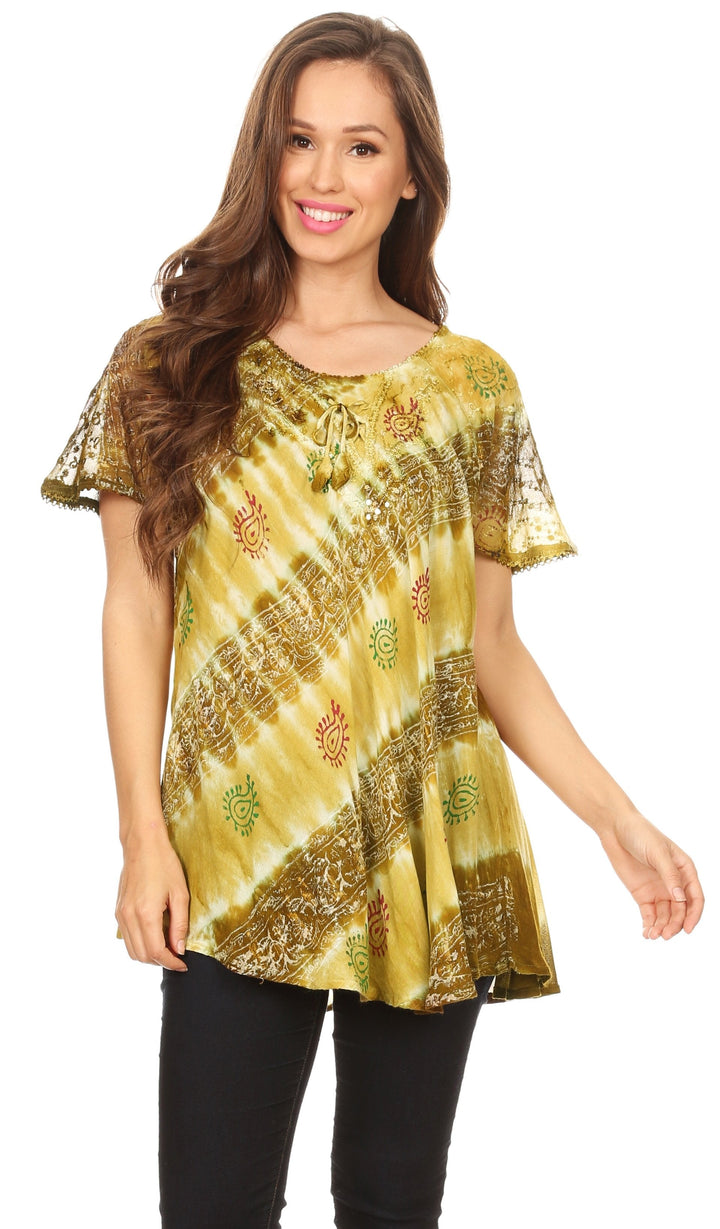Sakkas Flavia Womens Everyday Blouse Top with Tie-dye &amp; Block Print Light and Soft