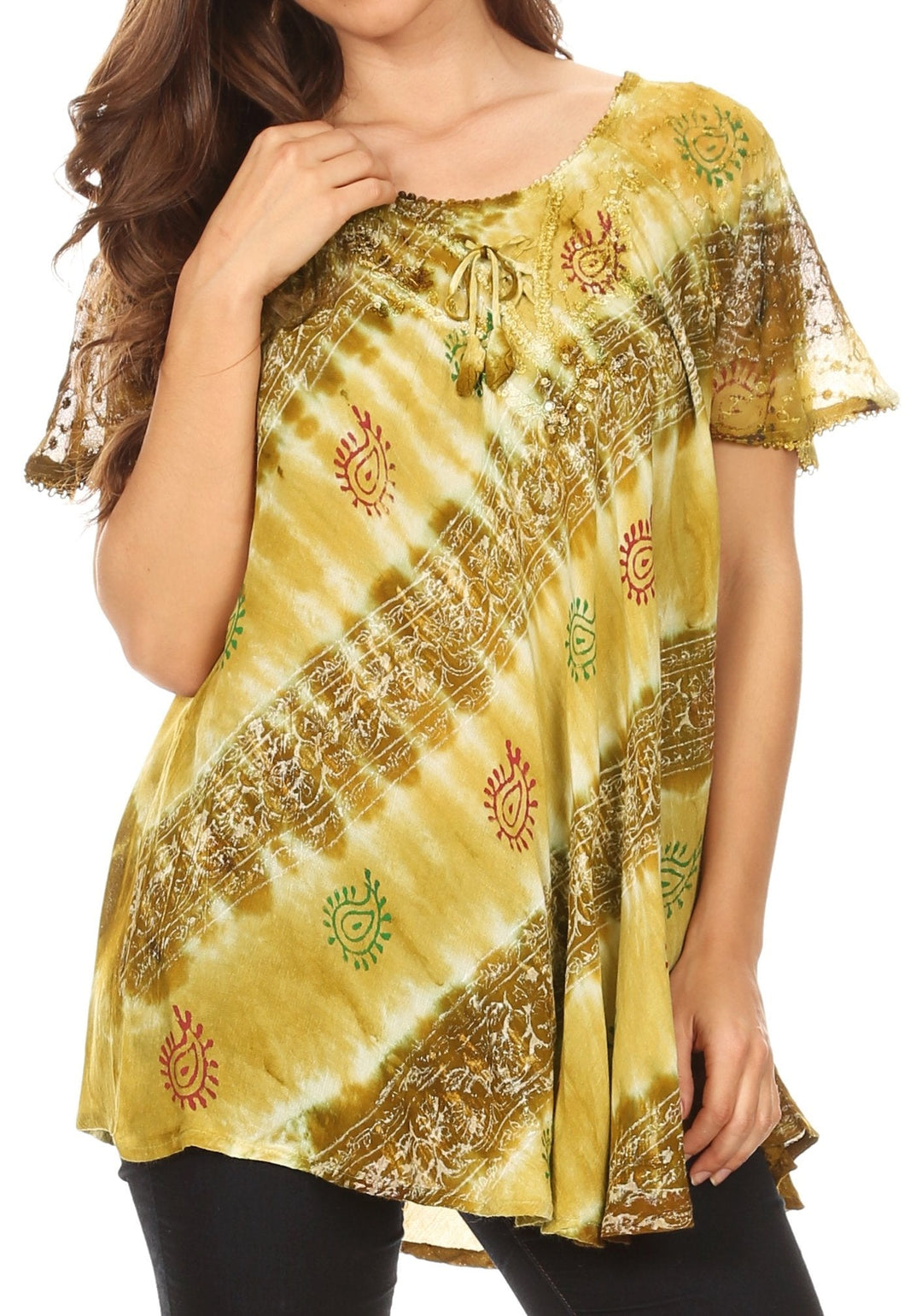 Sakkas Flavia Womens Everyday Blouse Top with Tie-dye &amp; Block Print Light and Soft