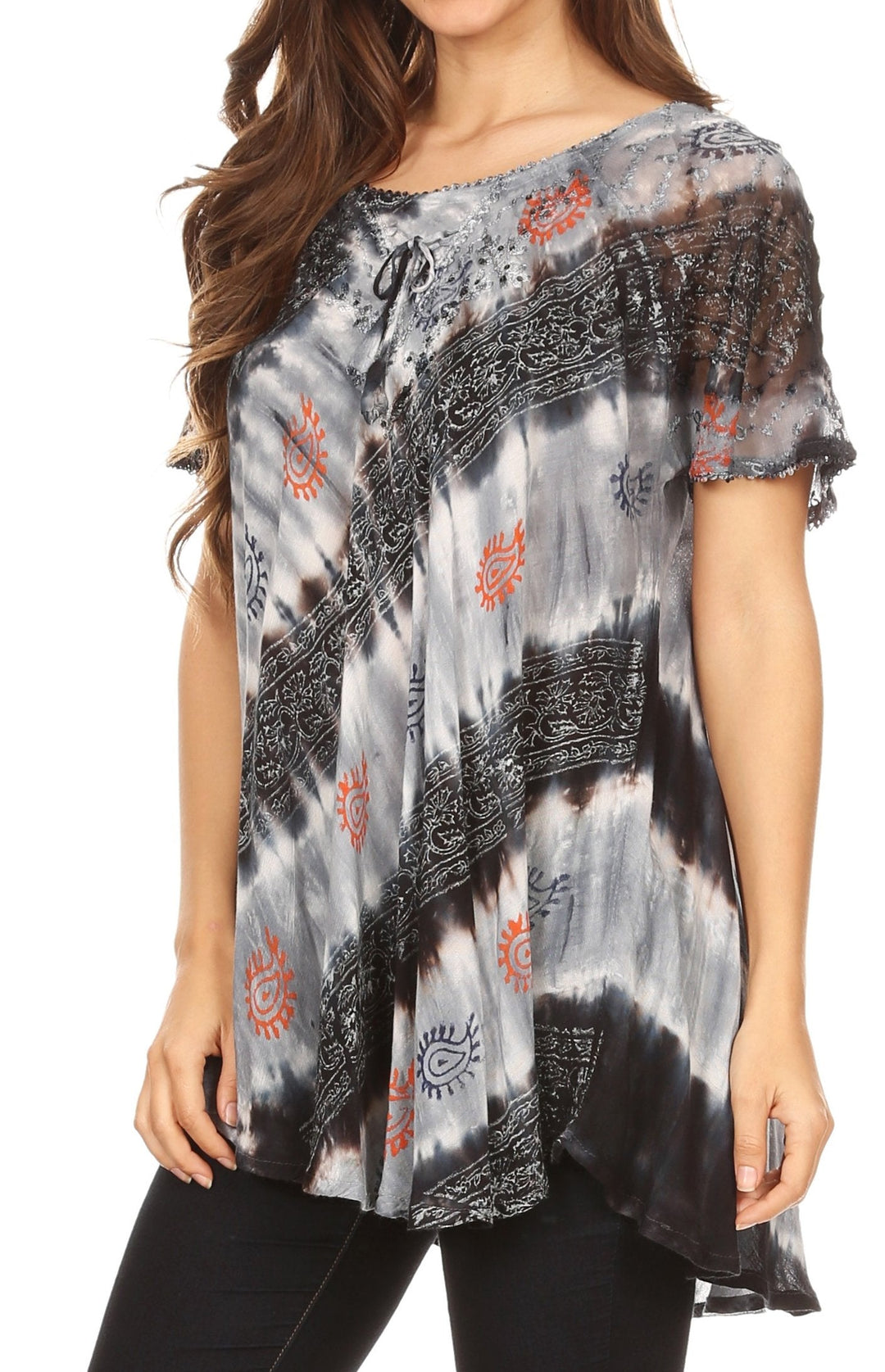 Sakkas Flavia Womens Everyday Blouse Top with Tie-dye &amp; Block Print Light and Soft