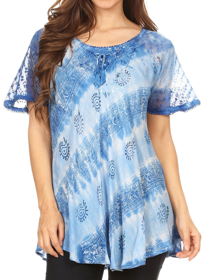 Sakkas Flavia Womens Everyday Blouse Top with Tie-dye &amp; Block Print Light and Soft