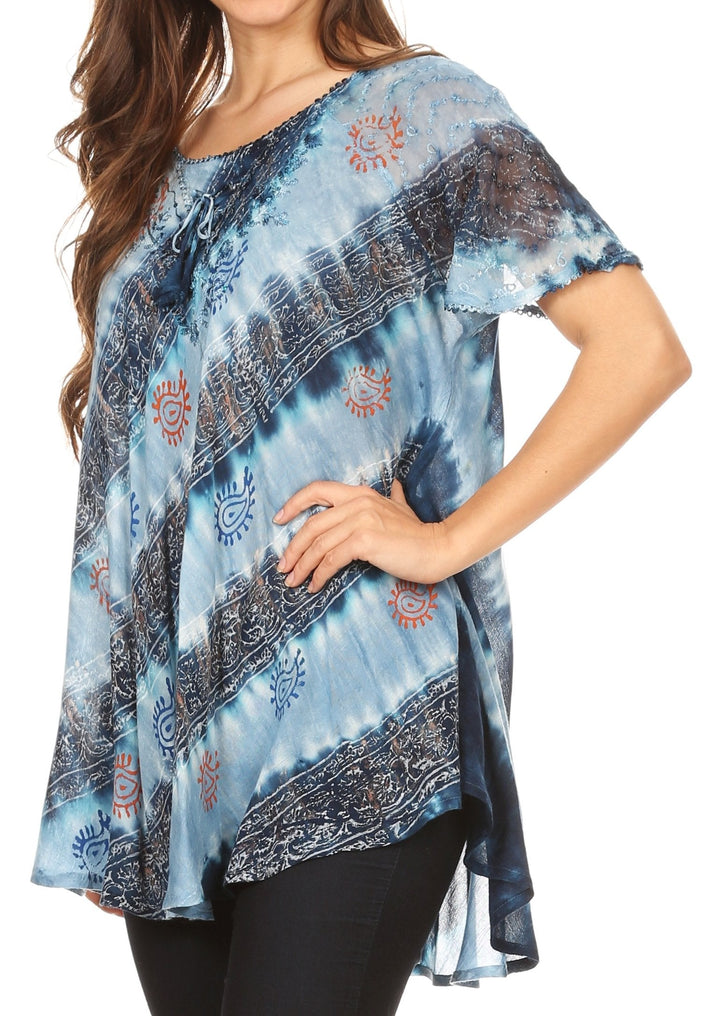 Sakkas Flavia Womens Everyday Blouse Top with Tie-dye &amp; Block Print Light and Soft