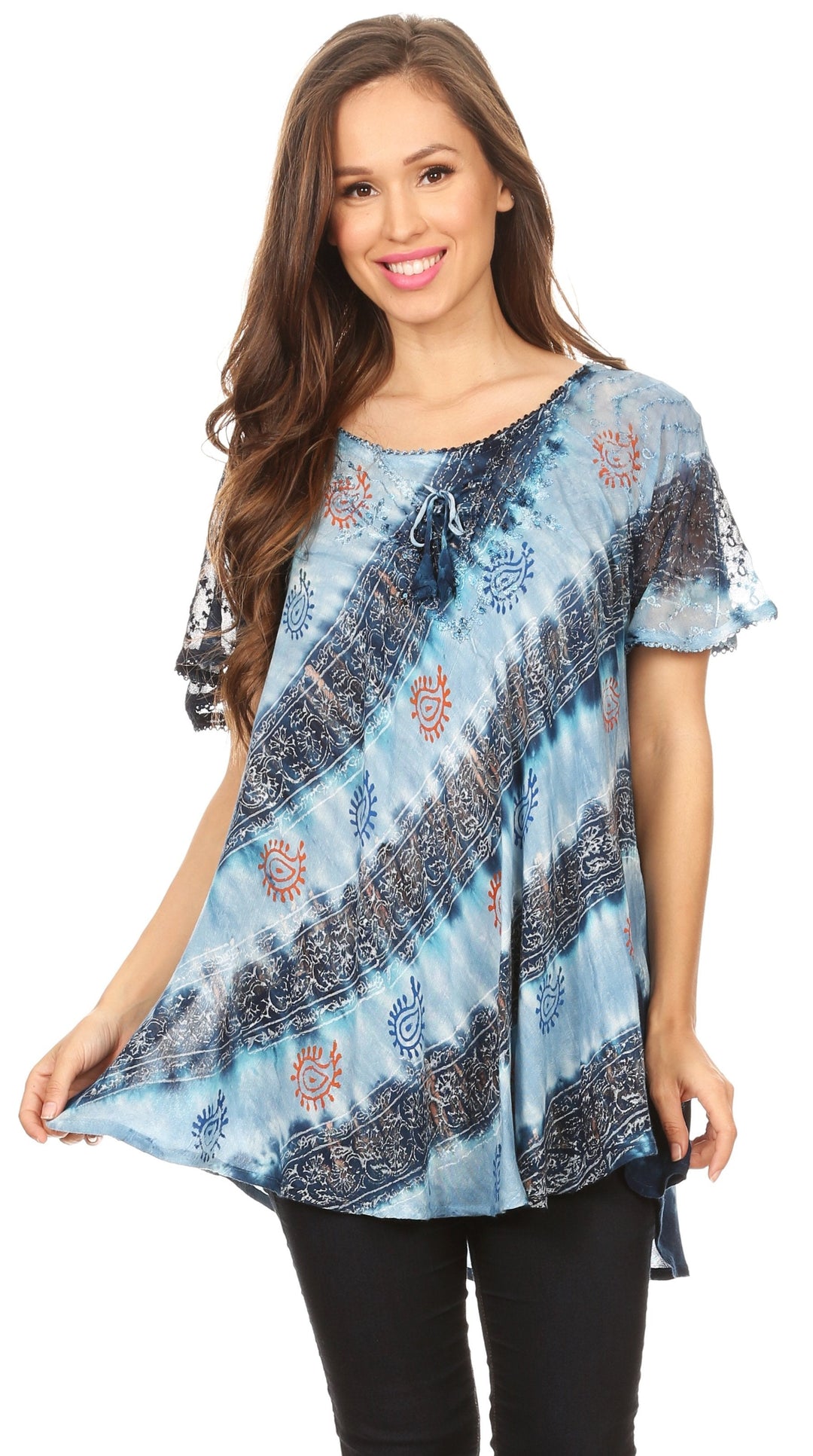 Sakkas Flavia Womens Everyday Blouse Top with Tie-dye &amp; Block Print Light and Soft