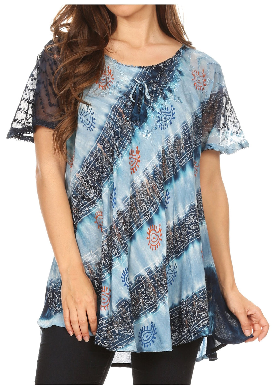 Sakkas Flavia Womens Everyday Blouse Top with Tie-dye &amp; Block Print Light and Soft