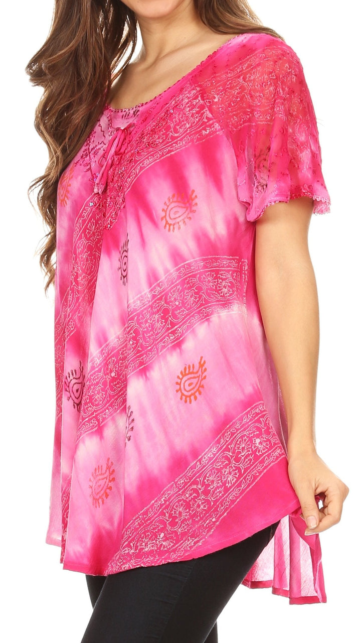 Sakkas Flavia Womens Everyday Blouse Top with Tie-dye &amp; Block Print Light and Soft