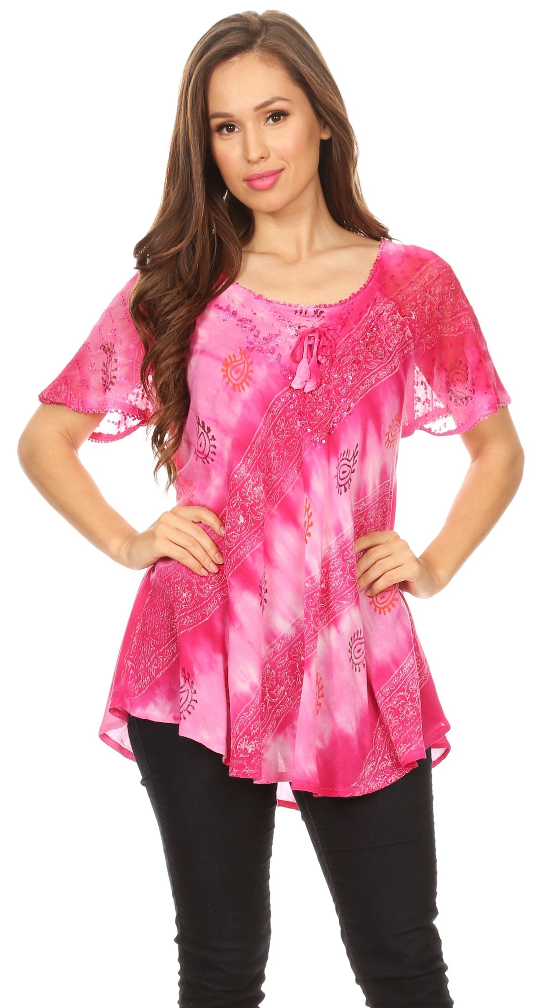 Sakkas Flavia Womens Everyday Blouse Top with Tie-dye &amp; Block Print Light and Soft