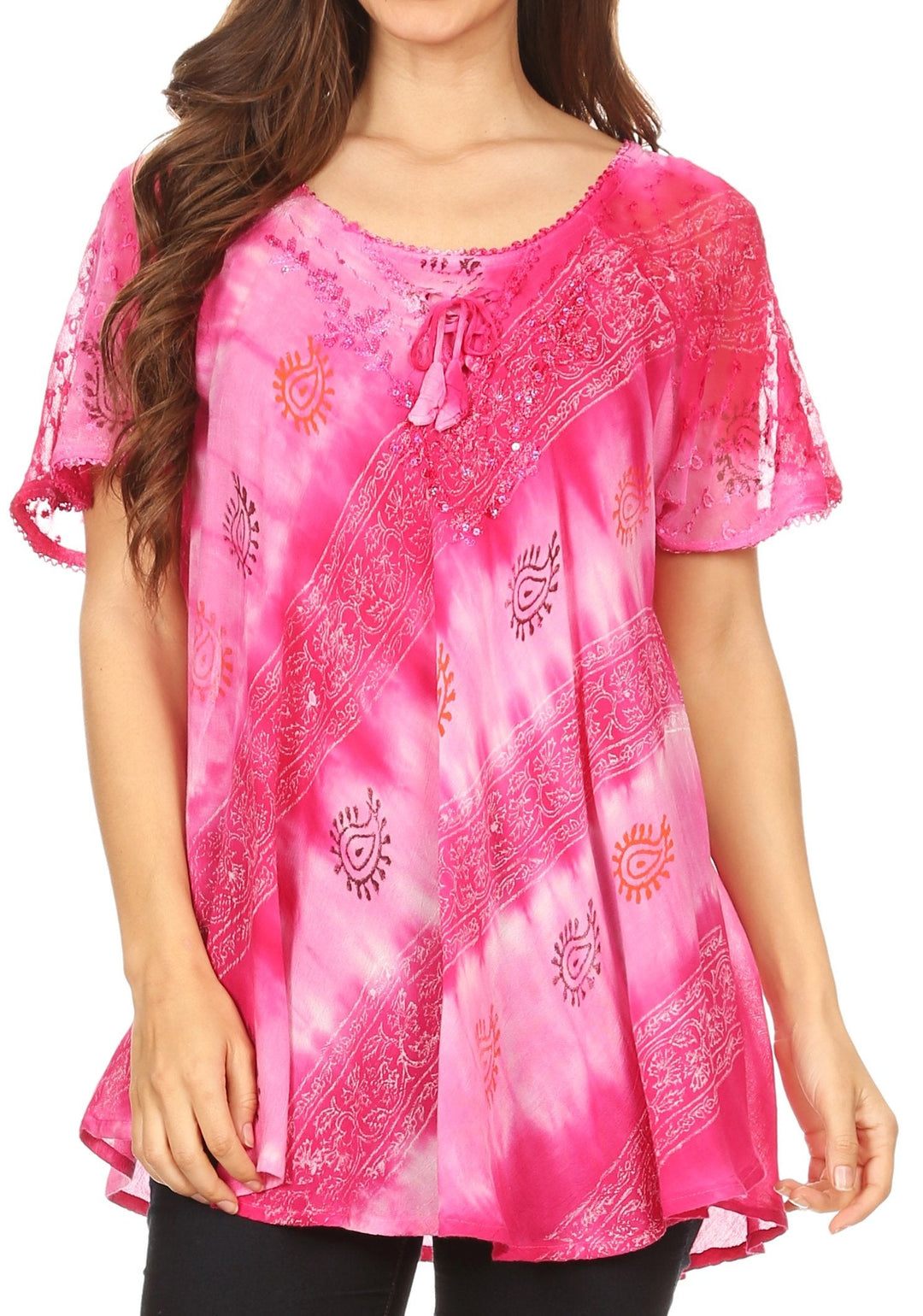 Sakkas Flavia Womens Everyday Blouse Top with Tie-dye &amp; Block Print Light and Soft
