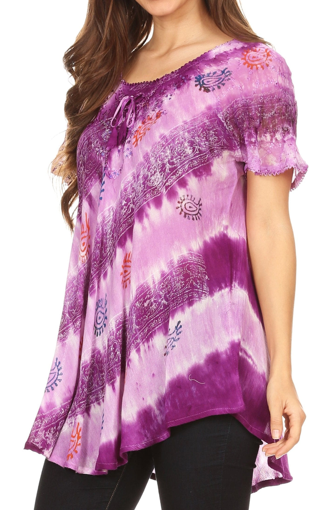 Sakkas Flavia Womens Everyday Blouse Top with Tie-dye &amp; Block Print Light and Soft