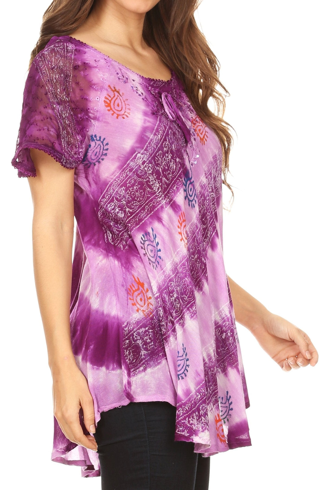 Sakkas Flavia Womens Everyday Blouse Top with Tie-dye &amp; Block Print Light and Soft