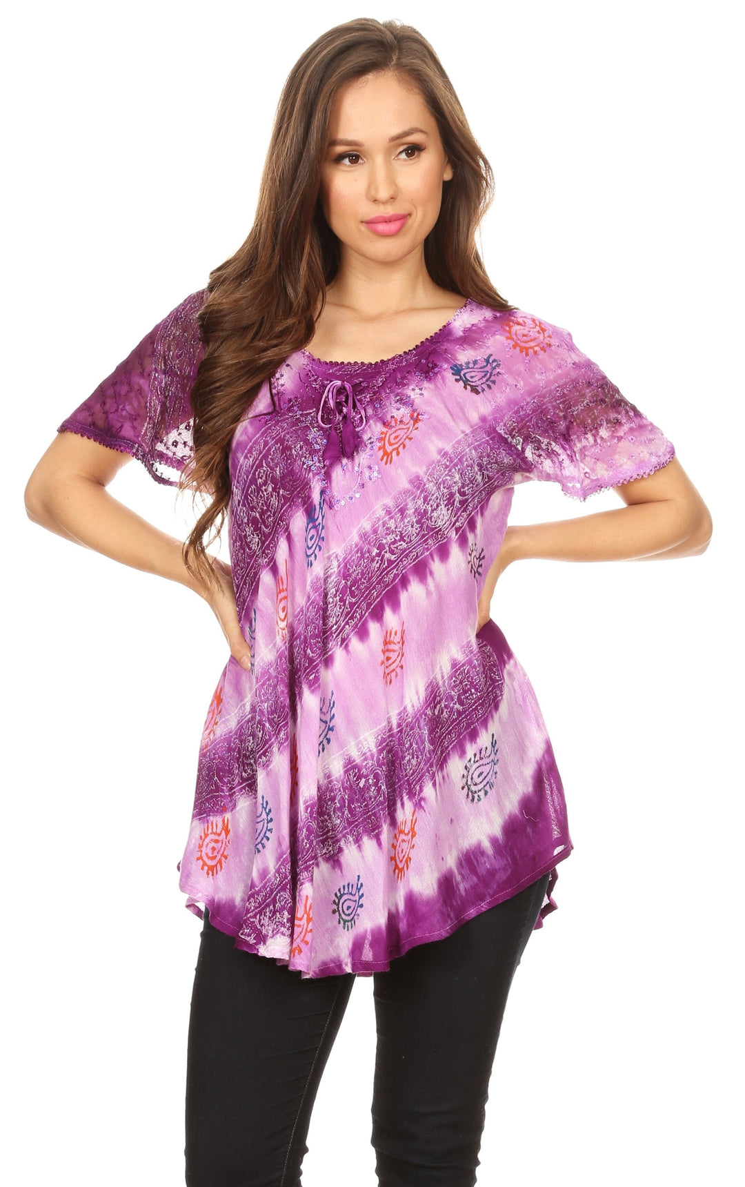 Sakkas Flavia Womens Everyday Blouse Top with Tie-dye &amp; Block Print Light and Soft