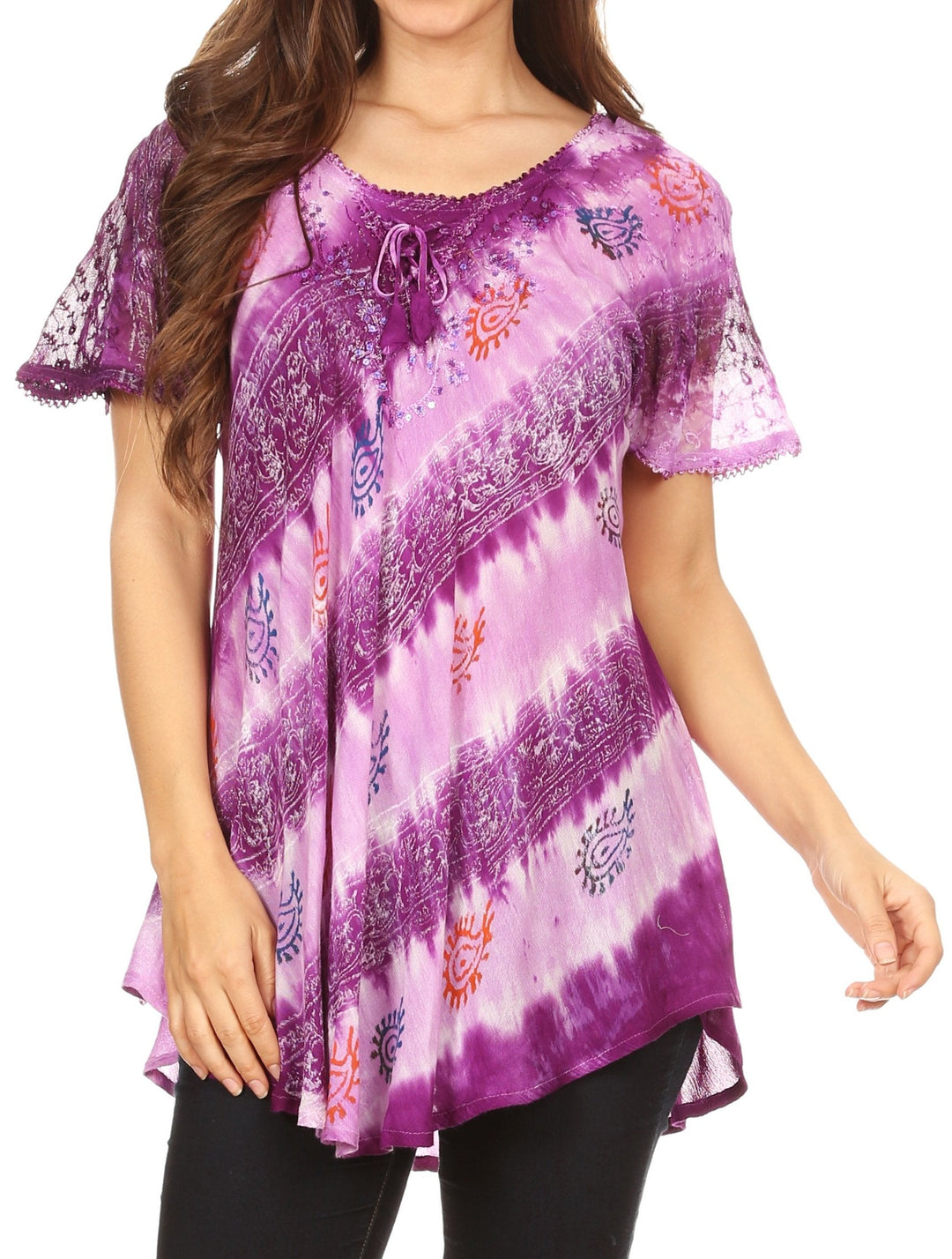 Sakkas Flavia Womens Everyday Blouse Top with Tie-dye &amp; Block Print Light and Soft