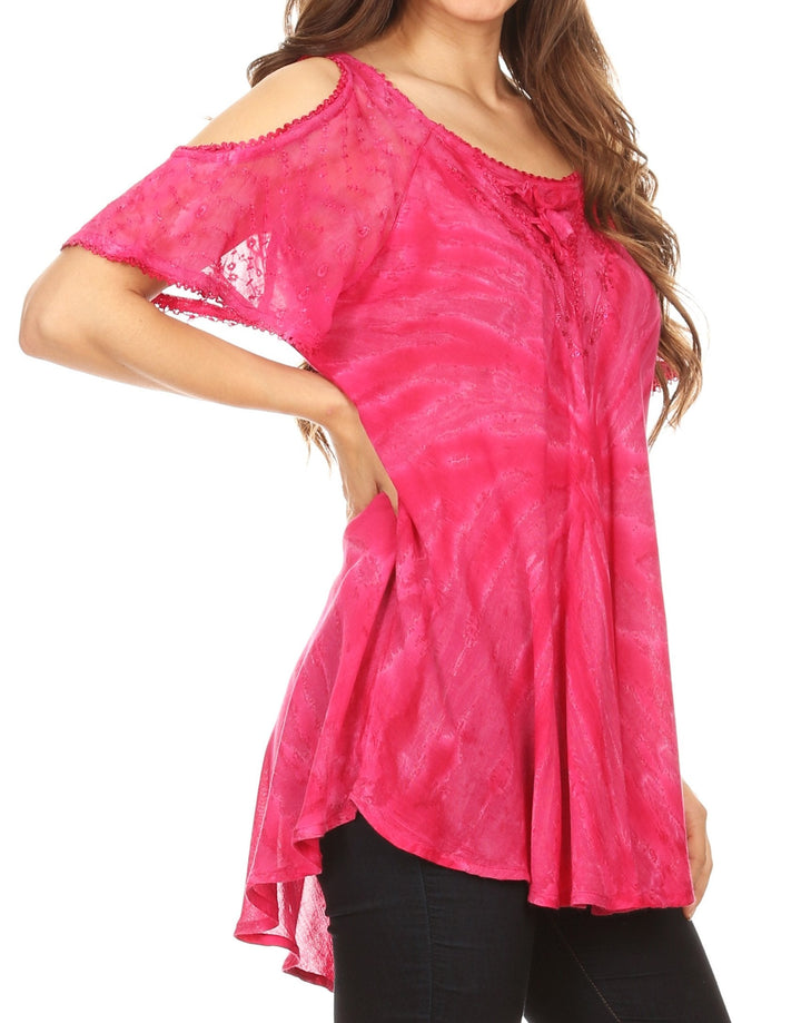 Sakkas Filipa Womens Cold Shoulder Top Blouse Tie-dye with Corset and Embroidery