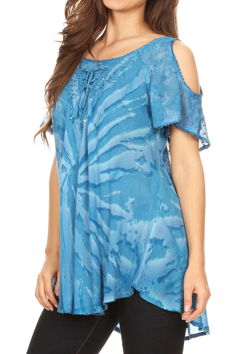 Sakkas Filipa Womens Cold Shoulder Top Blouse Tie-dye with Corset and Embroidery