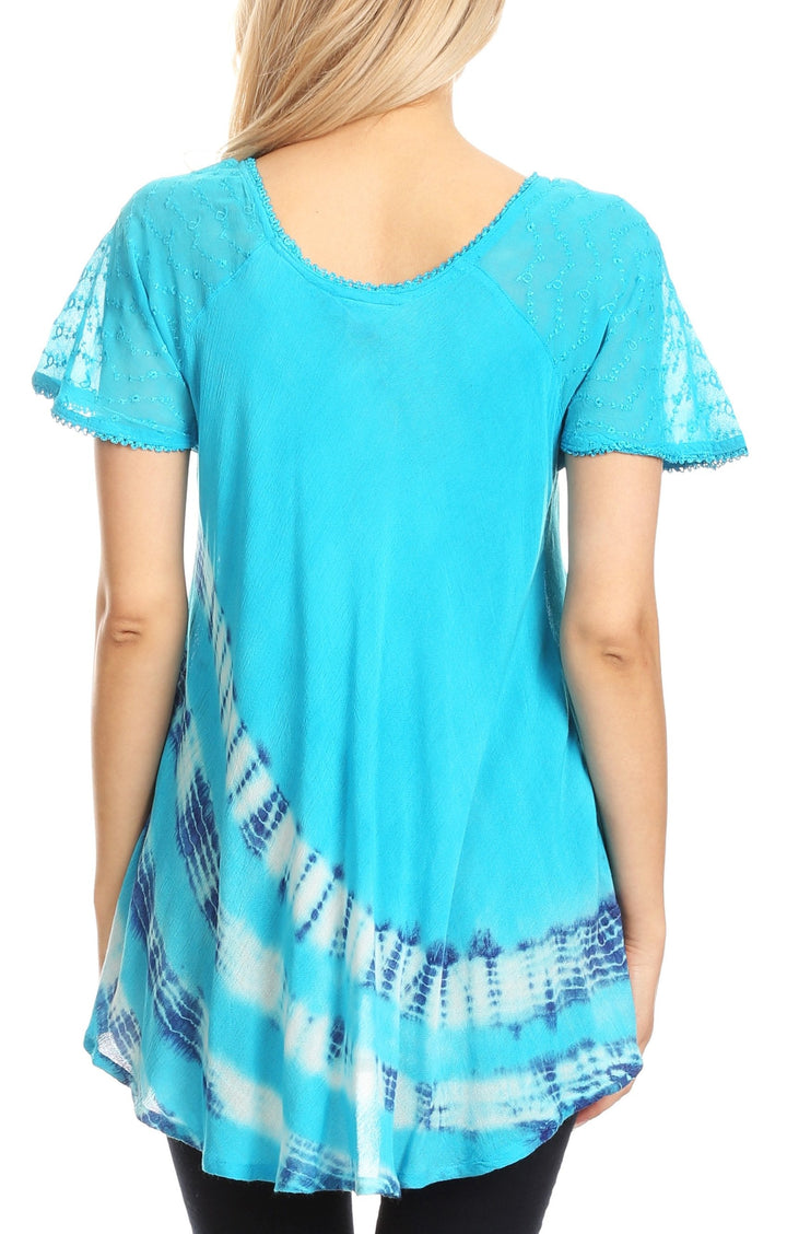 Sakkas Lulu Short Sleeve Summer Casual Fresh Blouse Top Lace Tie-dye &amp; Corset