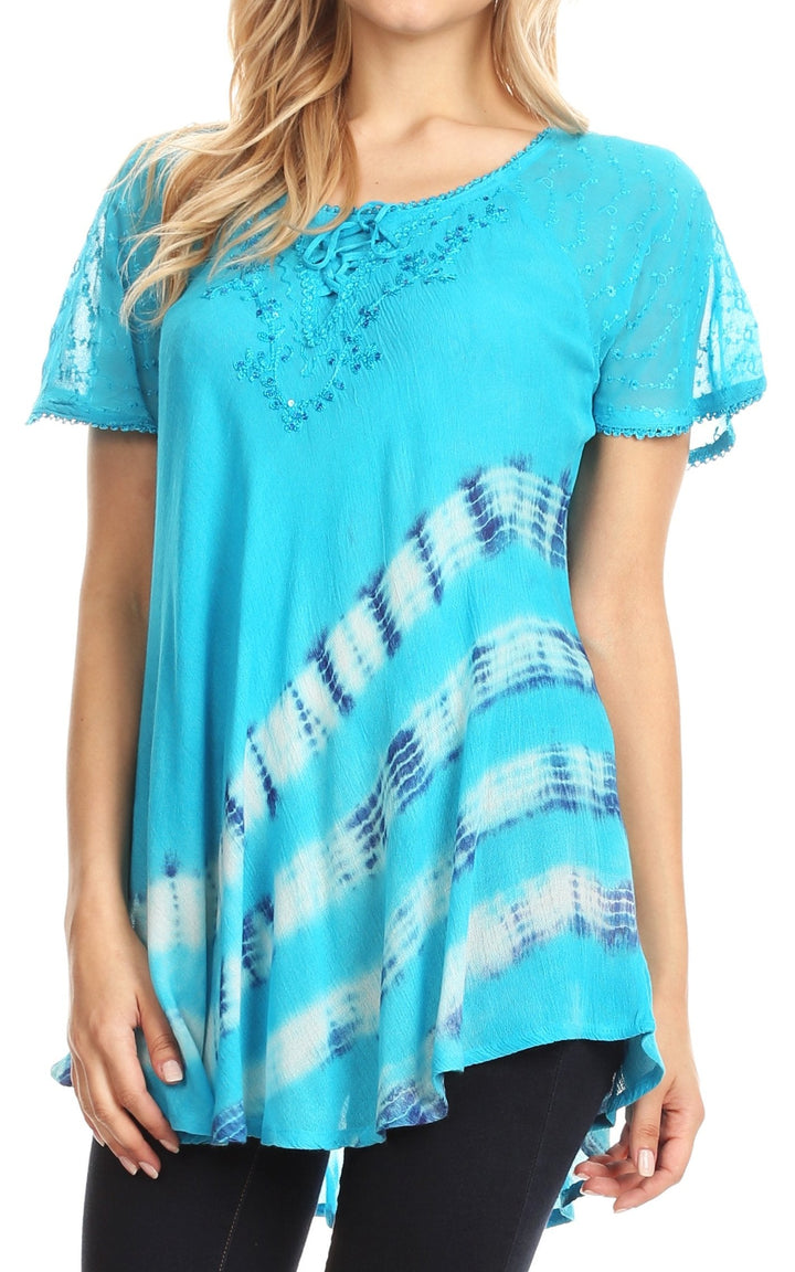 Sakkas Lulu Short Sleeve Summer Casual Fresh Blouse Top Lace Tie-dye &amp; Corset
