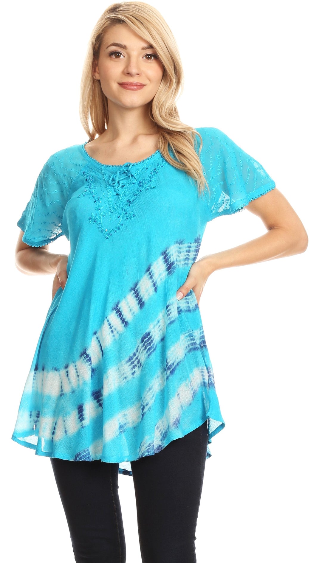 Sakkas Lulu Short Sleeve Summer Casual Fresh Blouse Top Lace Tie-dye &amp; Corset