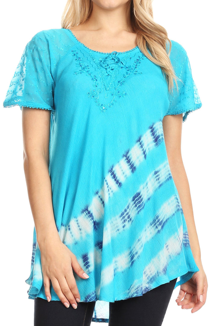 Sakkas Lulu Short Sleeve Summer Casual Fresh Blouse Top Lace Tie-dye &amp; Corset