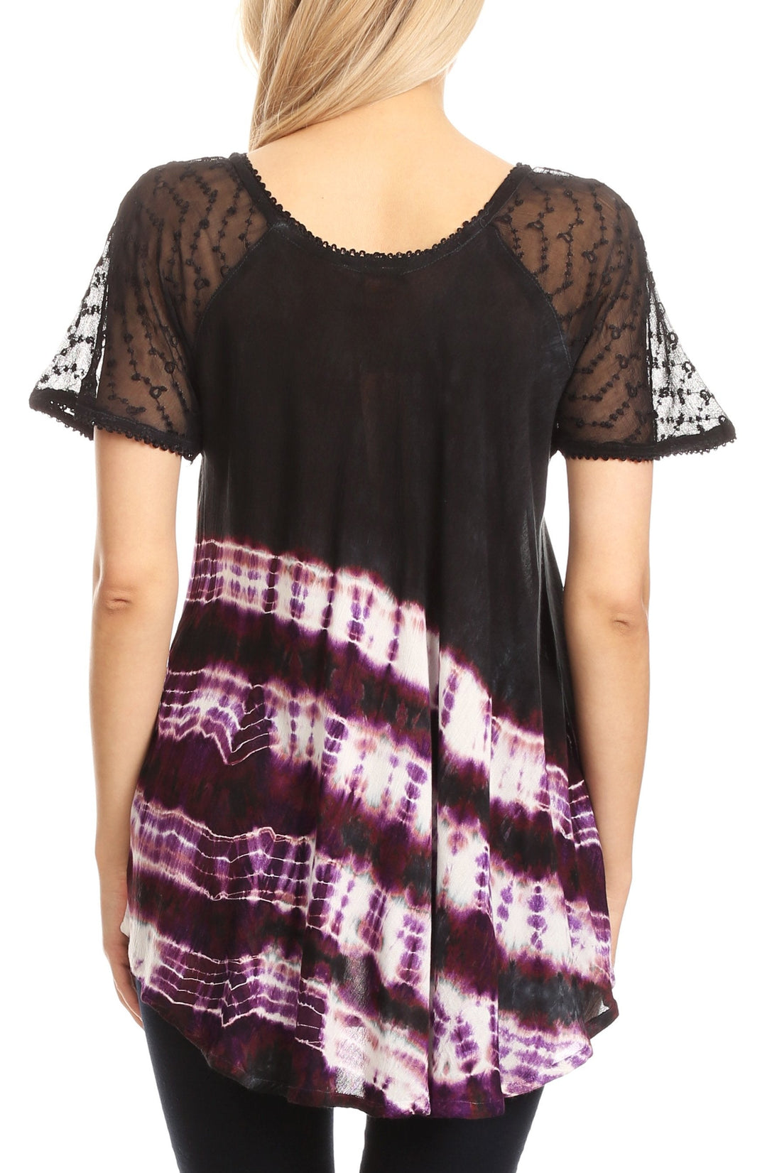 Sakkas Lulu Short Sleeve Summer Casual Fresh Blouse Top Lace Tie-dye &amp; Corset