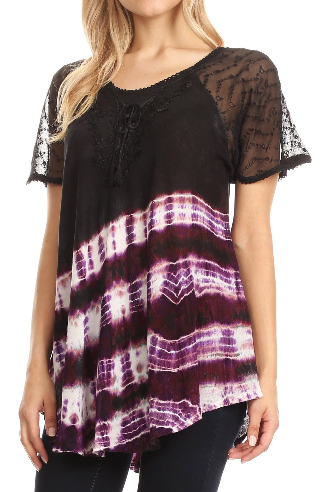 Sakkas Lulu Short Sleeve Summer Casual Fresh Blouse Top Lace Tie-dye &amp; Corset