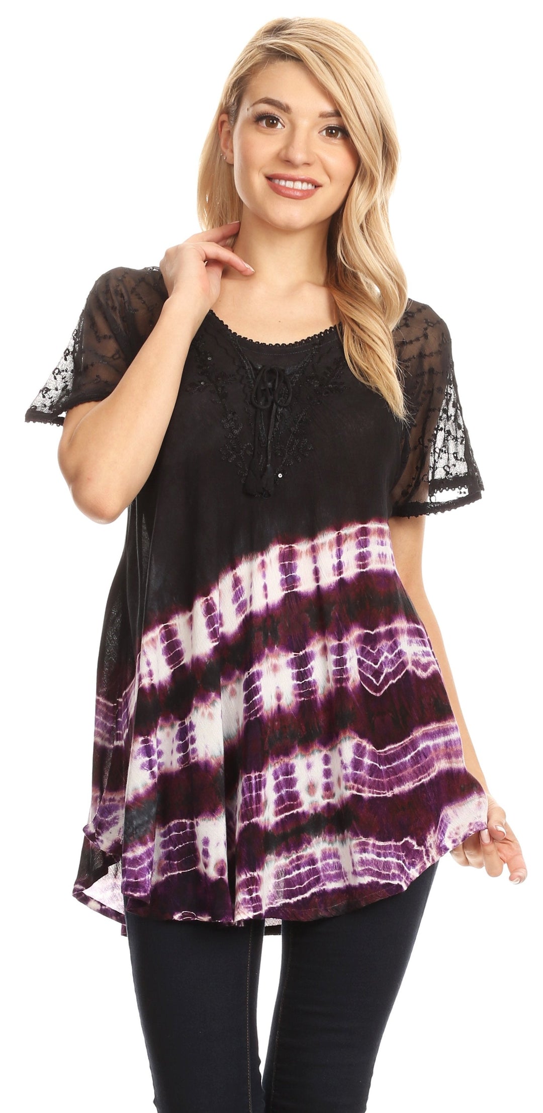 Sakkas Lulu Short Sleeve Summer Casual Fresh Blouse Top Lace Tie-dye &amp; Corset