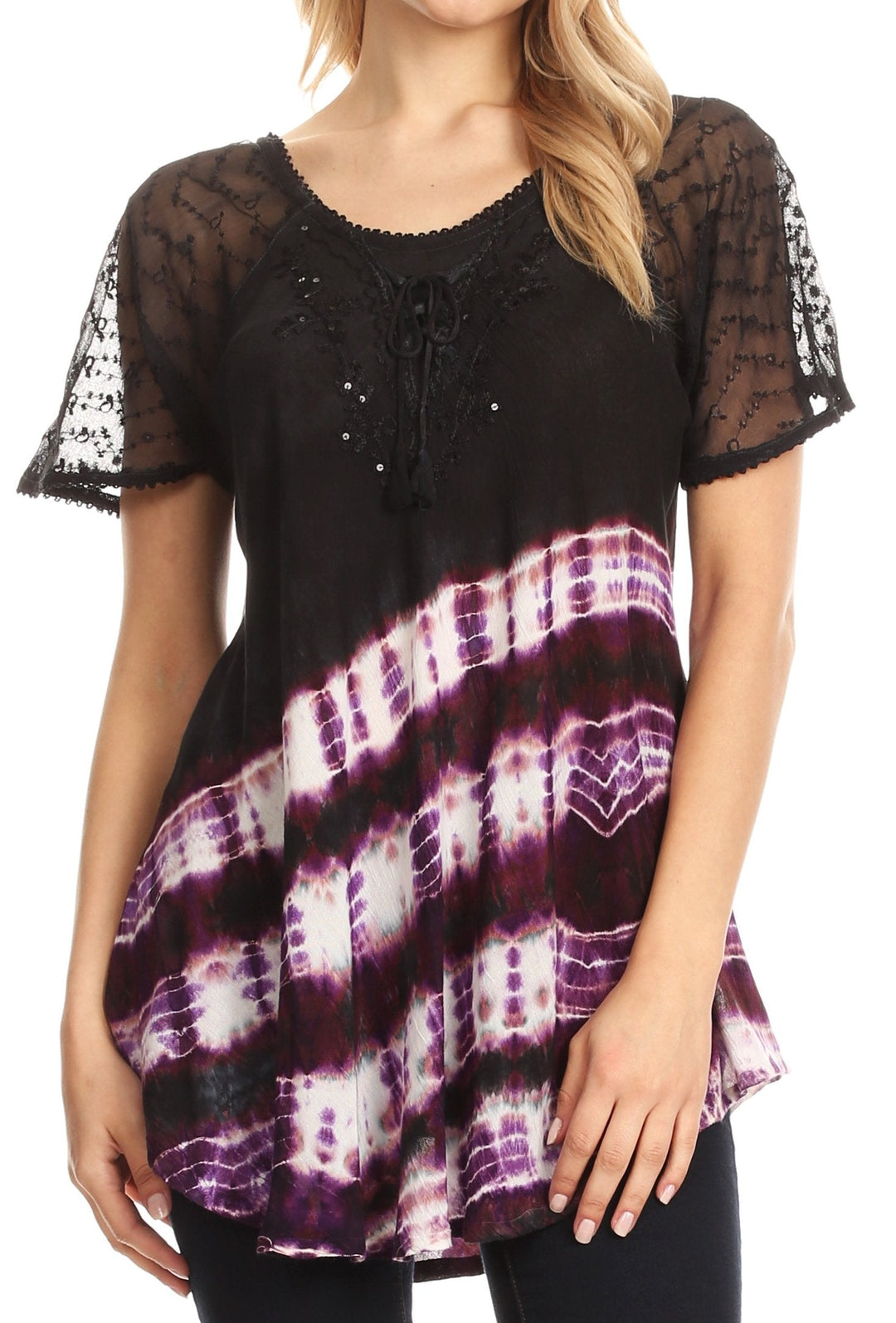 Sakkas Lulu Short Sleeve Summer Casual Fresh Blouse Top Lace Tie-dye &amp; Corset