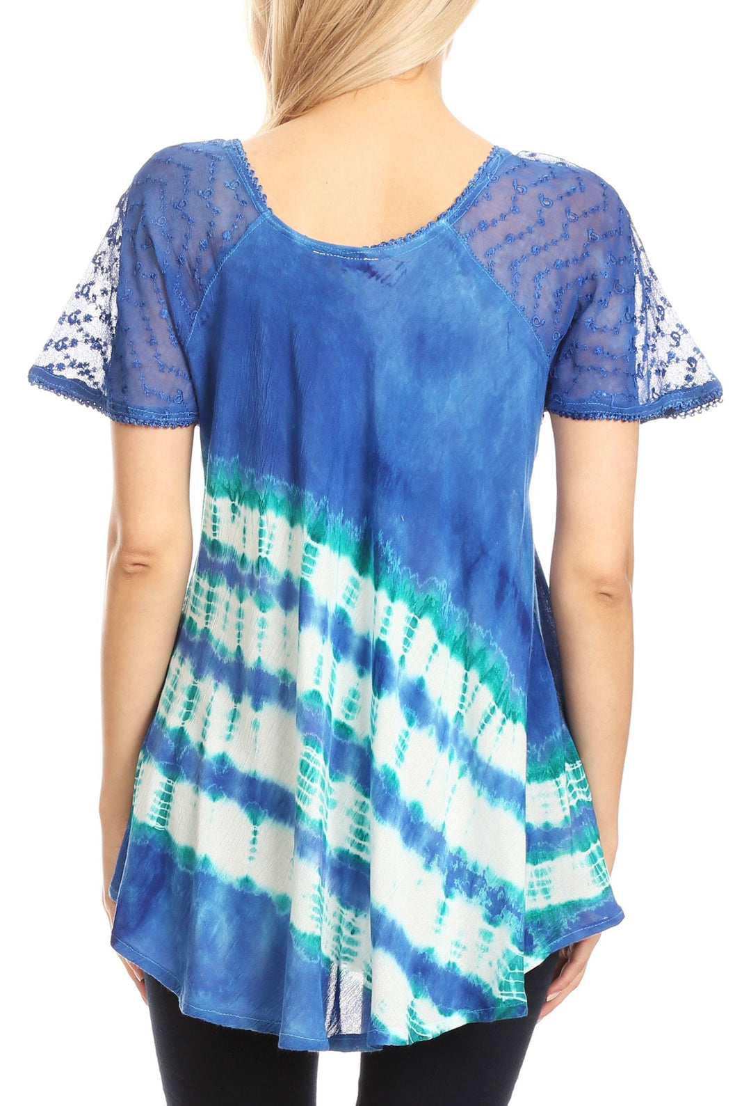 Sakkas Lulu Short Sleeve Summer Casual Fresh Blouse Top Lace Tie-dye &amp; Corset